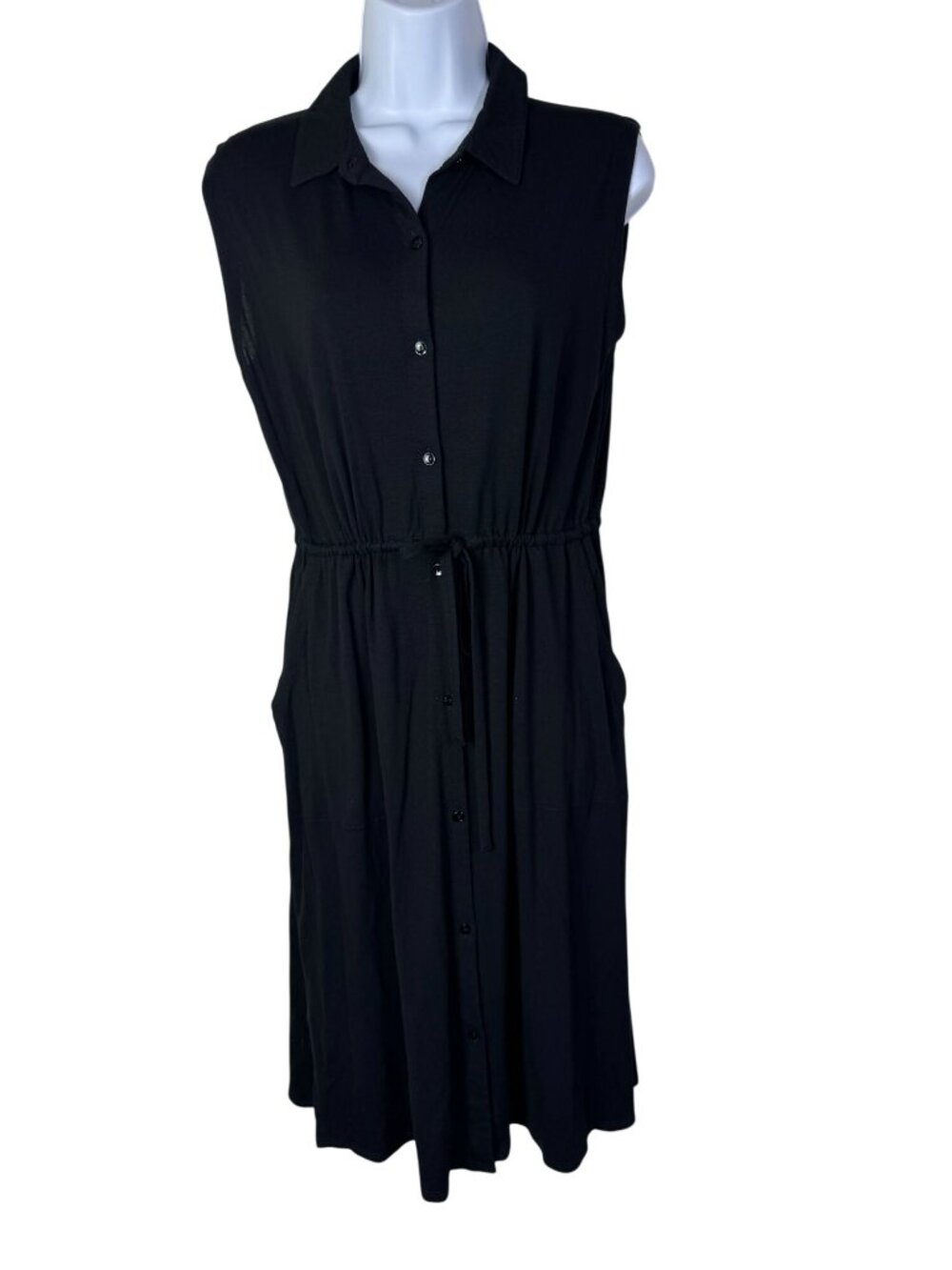 Eileen Fisher Black Sleeveless Button Up Shirt Dress size XS Stretch jersey LBD